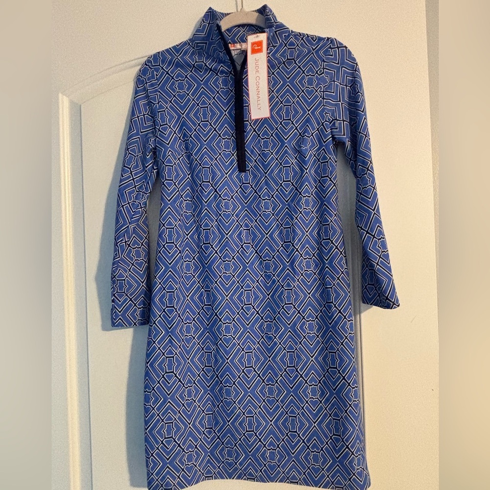 NWT Jude Connally Blue/White 1/4 zip long sleeve Geometric Dress XS Jude fabric